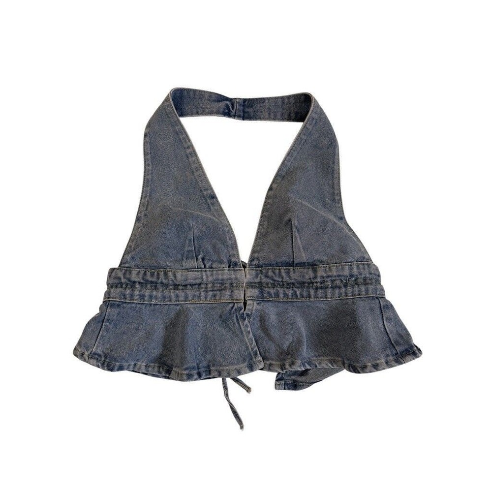 Denim Halter Peplum Top - Blue